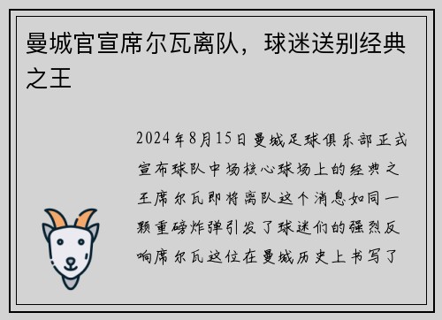 曼城官宣席尔瓦离队，球迷送别经典之王